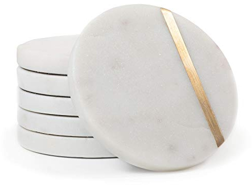 Cork & Mill Marble Coasters Set of 6 - Luxury Aesthetic Modern Decor for Coffee Table- White Marble with Gold Brass Inlay - Real Natural Semi Absorbent Stone Coasters