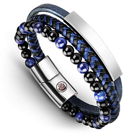Casisto.J Bracelet Homme - Bracelet Cuir Homme Manchette tressé à la Main Classique Noir et Brun avec Fermoir magnétique gravé Cadeau Bijoux Gratuit en boîte