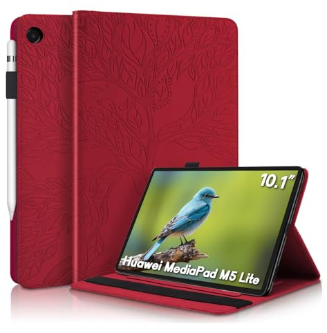 Aswant Huawei Mediapad M5 Lite 10 Hülle Geprägter Baum PU PU Leder Brieftasche BookStyle Flip Cover Stand Kartensteckplatz Tablet Schutzhülle Für Huawei Mediapad M5 Lite/C5 10.1 Zoll 2018 - rot