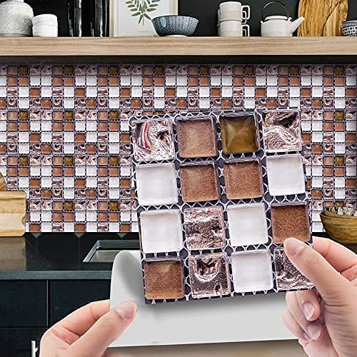 Hiseng 30pcs Wall Tile Stickers, Hiser Retro Mosaic Style Square Waterproof Marble Decals Sticker for Kitchen Living Room Bathroom Home Floor DIY Decor Self-Adhesive 10x10cm (Brown)