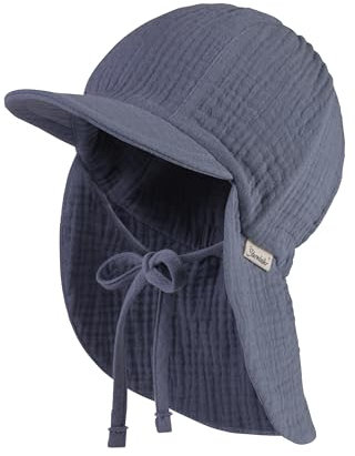 Sterntaler Schirmmütze Nacken Musselin - Unisex Mütze aus Baumwoll Musselin (Bio) - UV-Schutz 50+ Sonnenhut mit Nackenschutz - Baby- und Kinder Sommer Kopfbedeckung zum Binden - graublau, Größe 43