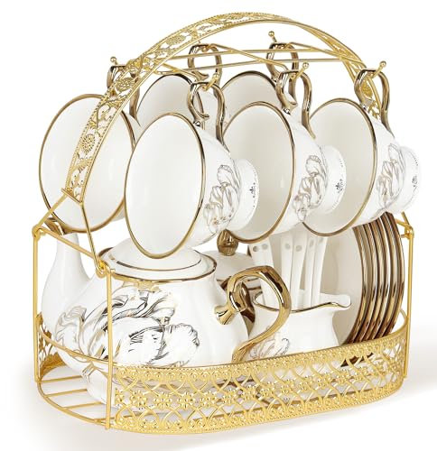 fanquare 21 Stück Britisch Vintage Porzellan Teeservice, Gold Florales Teeservice mit Goldrand, Kaffeetasse und Untertasse Set mit Stand Löffel für Frauen Hochzeit