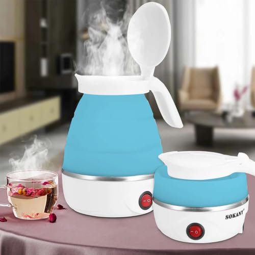 Gziztx Collapsible Electric Kettle 0.6L Portable Travel Mini Silicone Camping Kettle for Camping, Business Trip, Travel, Hiking, Quick Cooking (Blue)