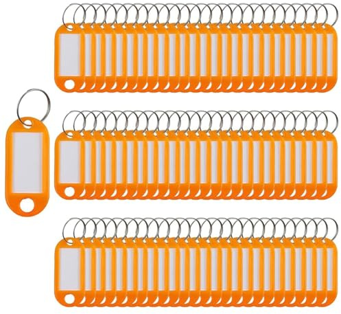 100 llaveros de plástico con etiquetas, llaveros portátiles, etiquetas de identificación de equipaje, etiquetas de nombre con llavero dividido (naranja)