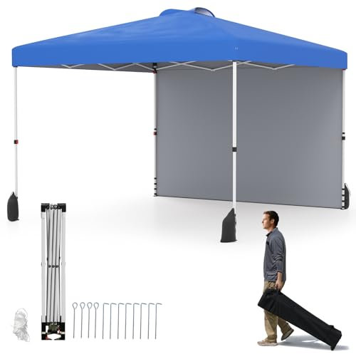 COSTWAY Carpa Plegable 3x3m, Pop-up, 1 Pared Lateral, Cenador para Jardin, Bolsa con Ruedas, Altura Ajustable, Pergola Pabellón Gazebo Plegable Jardin Fiesta Exterior (Azul)