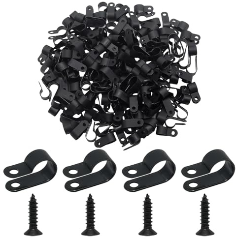 Adyoney 200Pcs Black Plastic Nylon Rope Light Clips with Stainless Steel Screws, 1/2 Cable Clamps Wire Clips, 1/2 Inch R-Type Cable Clip Wire Clamps, Extension Cord Wall Clip