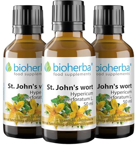 3 Hierba de San Juan Sin Alcohol – Gotas 50 ml | Complemento Líquido con Vitamina B6 para el Sistema Nervioso y Producción de Glóbulos Rojos | Fórmula Vegetal Bioherba