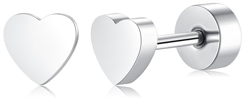 Hypoallergenic Stud Earrings for Women Girls Men, Titanium Earring Flat Back Earrings for Helix Cartilage Sleeper, Heart Piercing Studs Silver/Gold/Rose Gold (silver)