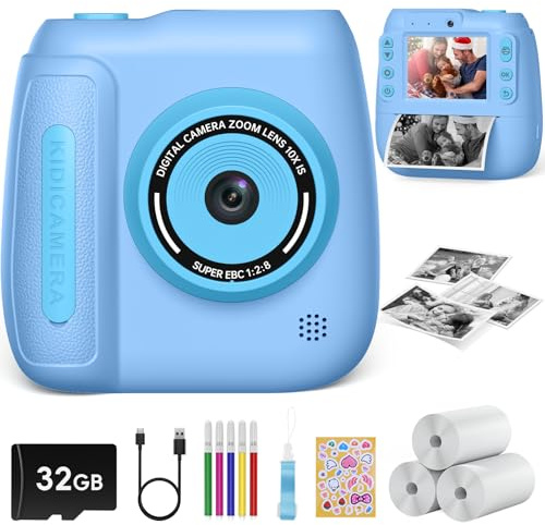 Hangrui Macchina Fotografica Bambini Istantanea, 2,4 Pollici 1080P Fotocamera Digitale Bambini con 32GB Scheda & Papier Photo, Videocamera Fotocamera Digitali per Ragazze Ragazzi da 3-9 Anni-Blu