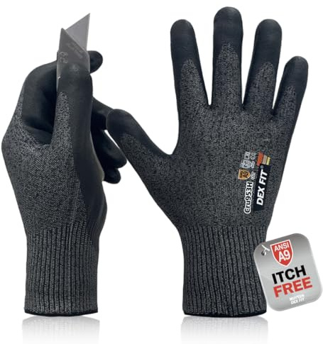 DEX FIT Cru953H Level A9 Cut Resistant Gloves, Fiberglass-Free, Power Grip Foam Nitrile, 3D Comfort Fit, Touchscreen, 13-Gauge for Sheet Metal, Stamping, Glass, Recycling; Blackgray S 1 Pair