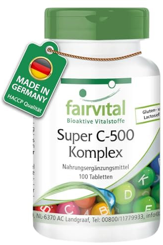 Fairvital | Super Vitamin C-500 Komplex - 100 Tabletten - mit 500mg Vitamin C pro Tabette + Rutin, Acerola, Hagebutte & Gerstengras - HOCHDOSIERT - VEGAN