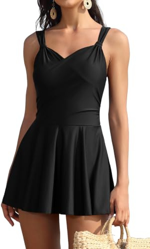 SHEKINI Donna Elegante Gonna da Bagno Intera Costume da Bagno con Scollo a V Incrociato Bikini 1 Pezzo con Doppia Tracolla Gonna Plissettata a Pancia Piatta（M，Nero）