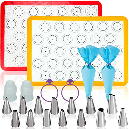 Tailpa Kit di cottura per macaron (set da 22 pezzi), accessori da forno per macaron, set di 2 tappetini in silicone per macaron (41,9 x 29,2 cm), 14 beccucci, 2 sac à poche, 2 fascette per sacchetti,