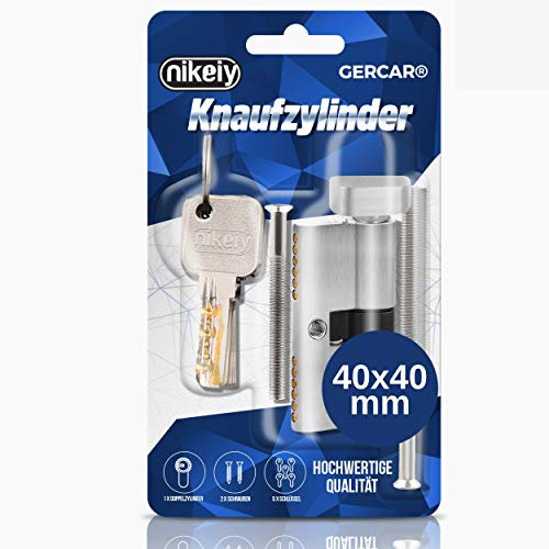 GERCAR Pro 1x cerradura cilíndrica con botón - latón niquelado mate 40/40 - 1x cilindro de cerradura/ cerradura de barril 80 mm con pomo para puerta - con 5 llaves - Longitud: 80 mm, A: 40 B: 40