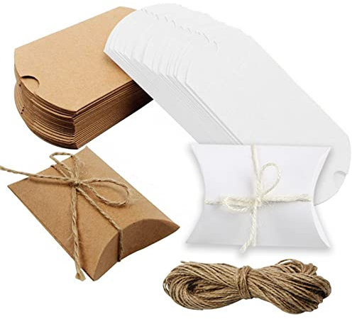 30 Stück Klein Geschenkschachtel Kraftpapier YUTOU Braun & Weiß Jahrgang Kraft Papier Geschenkboxen in Kissenform Geschenkverpackung für Hochzeiten Party Süßigkeiten (7×9cm mit Juteschnur)