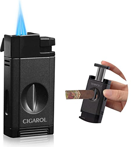 CIGAROL Feuerzeug, 2 in 1 Sturmfeuerzeug, 2 Jet Flamme Zigarrenfeuerzeug mit Zigarrenschneider V - Enthält kein Gas, Tolle Geschenke für Männer (Schwarz)