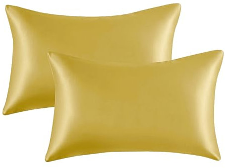 My home store Gold Satin Pillow Cases 2 Pack - Hypoallergenic - Soft and Smooth Natural Silk Pillowcases Standard Size 50x75 cm