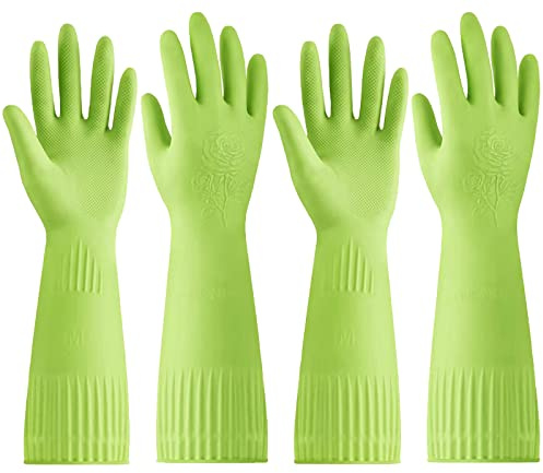 Disfore 2 Pairs of Durable Rubber Gloves, Reusable Non-Slip Cleaning Gloves, Long-Sleeved Waterproof Dishwashing Gloves to Protect Hands, Soft and Comfortable Premium Kitchen Gloves,Small Green