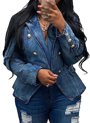 Angsuttc Blazer for Women Casual Work Denim Lapel Collar Double Breasted Jean Jackets Dark Blue XXL