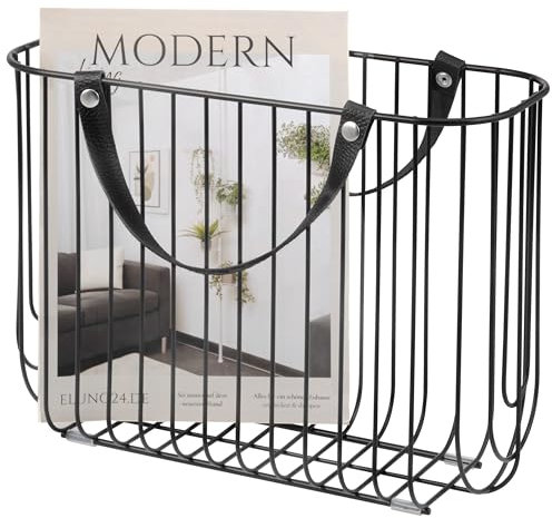 eluno Zeitungsständer aus Metall mit Tragegriffen aus Leder, ca. 36 x 26,5 x 15,5 (B/H/T) (Schwarz)