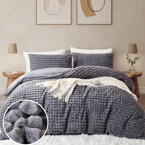 Tospass Biancheria da letto in peluche da 200 x 200 cm, 3 pezzi, invernale, in pelliccia di coniglio, in flanella, colore grigio, soffice, calda, in cashmere touch, copripiumino reversibile, con