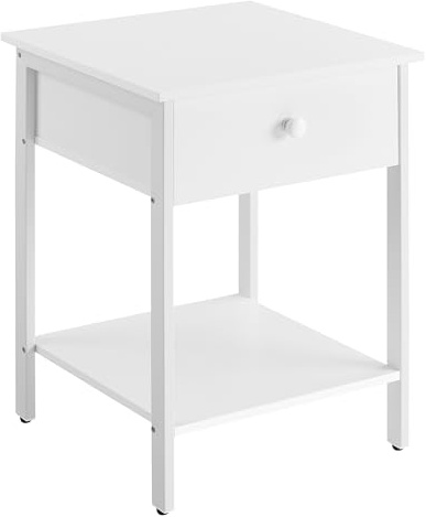 VASAGLE Bedside Table, Side Table with Drawer and Shelf, Nightstand, End Table, 40 x 40 x 55 cm, for Bedroom, Living Room, Steel Frame, Easy Assembly, Modern, Matte White LET055W14