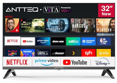 Antteq V32-AH3Q1L HD Smart TV 32 Zoll (Fernseher 81 cm), Triple Tuner(DVB-T2/S2/C),App Store,Netflix,Prime Video,DAZN,UVM,WiFi,Hotelmodus