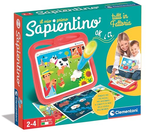 Clementoni - Il Mio Primo Sapientino, Tutti in Fattoria, Gioco Educativo Bambini 2-4 Anni, Banchetto con Penna Interattiva e 12 Schede per Scoprire Gli Animali, Made in Italy, Lingua Italiana, 16477