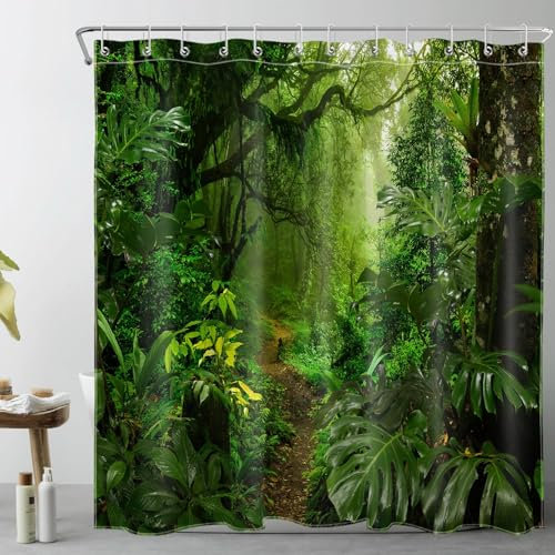 LB Tropenwald Duschvorhang 180x200cm(BxH) Grüne Bäume Pflanzen in den Bergen Antischimmel Wasserdicht Badezimmer Vorhänge, Natur Extra Lange Polyester Stoff Bad Vorhang mit Haken