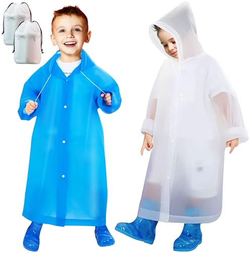 Baogaier 2 Pièces Imperméable pour Enfants en EVA, Réutilisable Manteau Poncho de Pluie avec Capuchon, Poncho Léger Combinaison de Pluie Vêtements de Pluie pour Garçons Filles, Blanc Bleu