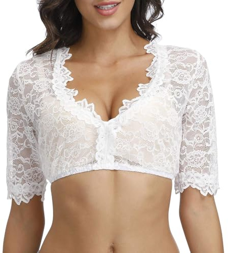 QKEPCY Blusa de Dirndl de Encaje para Mujer Blusa Tradicional Dirndl Blanca para Damas Top de Encaje Blusa Manga Corta Oktoberfest Disfraz con Cuello en V(Blanco L)