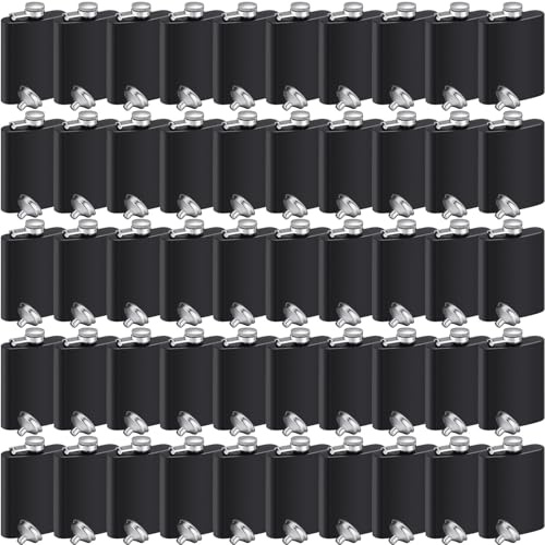 Hoolerry 50 Pcs Hip Flasks for Liquor Men 8 oz Stainless Steel Pack Liquor Flask with 50 Funnels Leak Proof Whiskey Bottle for Wedding Party Groomsman Birthdays Gift(Black)