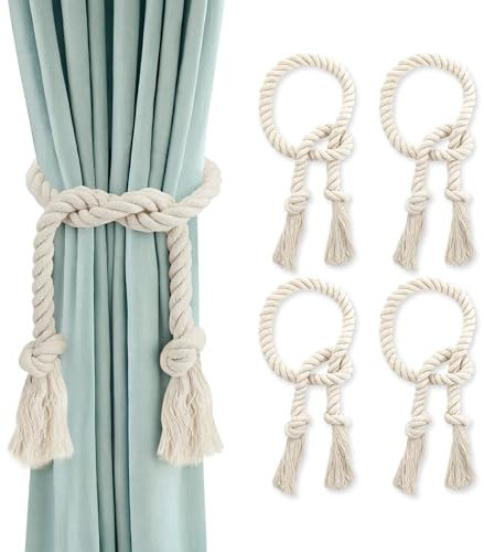 GlasFlength Vorhang Raffhalter, Boho Raffhalter für Vorhänge Handgestrickte Gardinenband Baumwolle Seil Curtain Rope Buckle Gardinenhalter für Schlafzimmer Office Wohnzimmer (4, Woven Beige)