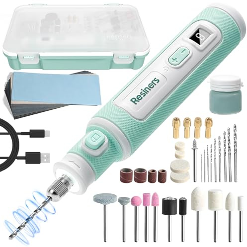 Resiners Kit de Herramientas Rotativas Inalámbricas,Kit de Taladro y Pulido de Resina, Ajuste de 5 Velocidades,Kit Eléctrico de Joyería de 54 Piezas para Perforar,Pulir,Lijar y Moler Manualidades DIY