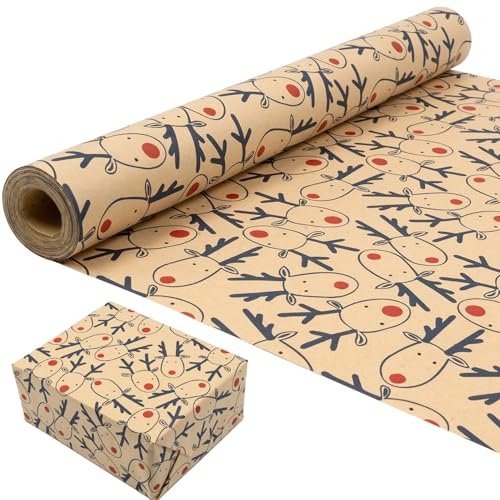 Rollo de embalaje de papel Kraft navideño: papel de embalaje de regalo diseñado para el Festival Blue alce 43 cm x 15 m