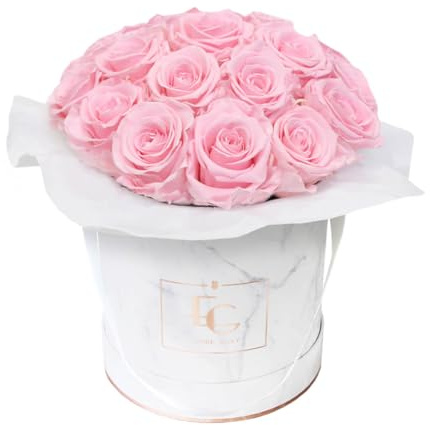 EG EMMIE GRAY Splendid Infinity Rosebox | rund | M | roséguld – minst 19 Infinity rosor med lång hållbarhet, riktiga rosor som blommar upp till 3 år, konserverade rosor (ridal rosa)