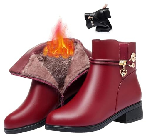 Women's Leather Wool Orthopedic Boots, Waterproof Leather Ankle Boots Winter Warm Rhinestone Block Heel Short Snow Boots