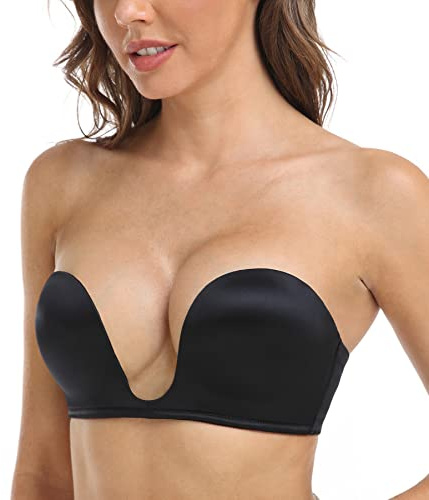 DotVol Women's Push Up Strapless Underwire Deep U Plunge Bra | Convertible Straps, Multiway Wearing, Push up Padding, U-shaped Wire, Satin Soft Fabric, Anti-slip Side