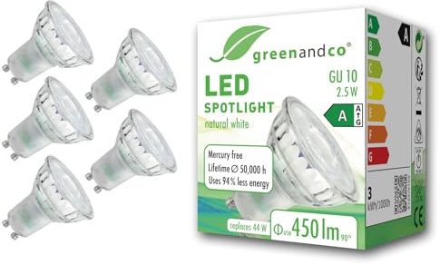 greenandco 5x Ampoule GU10 LED | remplace 44W | blanc neutre 4000K | 2.5W 450lm | 36° | sans scintillement | classe d'efficacité énergétique A | ampoule LED 230V | non dimmable