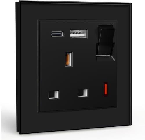 BSEED Single Socket 13A with USB A and USB C 18W, Single Plug Socket 1 Gang UK Standard, Switched Outlet with Glass Panel, Electric Power Outlet Black