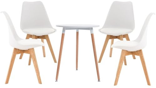 CLP Grupo de Asientos Lamalie I Juego de 4 sillas Linares y 1 Mesa Amalie I Tablero Redondo Ø 60 cm I Grupo de Comedor Moderno, Color:Blanco