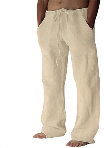 Litthing Mens Linen Trousers Casual Summer Cotton Pants with Drawstring | Loose Fit, Elastic Waist, Comfortable Lightweight, Breathable, Jogging Bottoms, with Pockets, Baggy, Wide, for Beach Daily