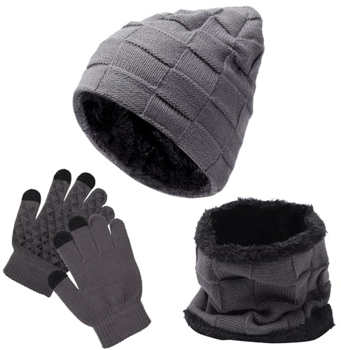 Fjquamitix Set di 3 pezzi cappello sciarpa guanti per bambini, cappello beanie invernale lavorato a maglia foderato in pile scaldacollo guanti touch screen per ragazze e ragazzi, grigio, Taglia unica