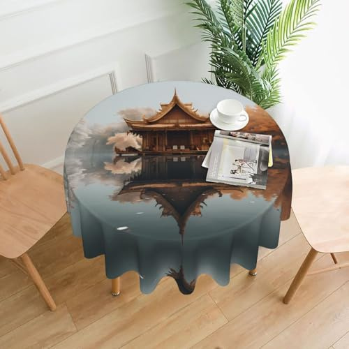 WZYWHJ Small pavilion on the lake Printed Round long tablecloth anti overflow and wrinkle resistant dining table cloth 60 inches