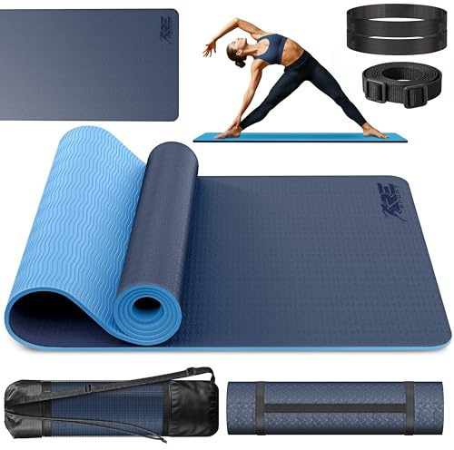 RE:SPORT Yogamatte Phthalatfrei | Gymnastikmatte rutschfest | Fitnessmatte schadstofffrei | Trainingsmatte mit Tragegurt Phthalatfrei 183 x 61 x 0,6 cm (Navyblau/Hellblau)