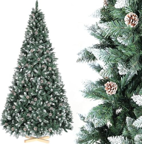 LIFERUN Sapin de Noël Artificiel 240cm, Sapin Nordmann Premium, Arbre de Noël Artificiel avec Neige Artificielle et 49PCS Vrais Cônes, 2196 Branches, Aspect Hivernal, Socle en Bois, pour Noël