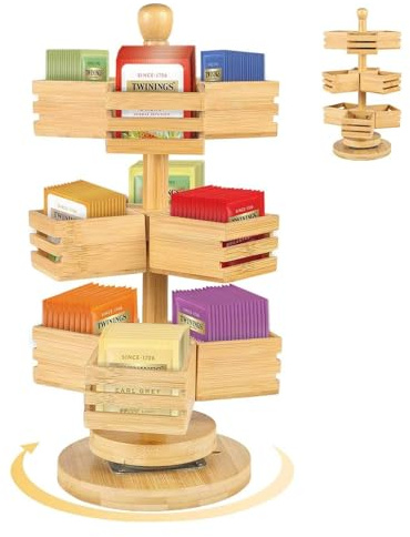 Organizer per bustine da tè, in bambù, a 3 ripiani, girevole a 360°, con 9 scomparti, per cucina, piano di lavoro, ufficio, caffè, zucchero (legno)