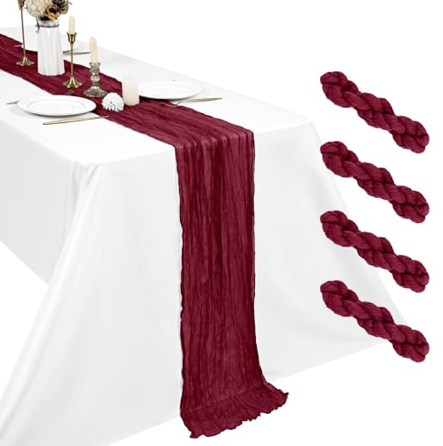 4-pack Bordeaux Cheesecloth Bordslöpare, 45x275 cm Boho Gasbind Bordslöpare 45x275 cm Rustik Romantisk Lång Bordslöpare för Bröllop, Fest, Brudsoffé, Juldekoration