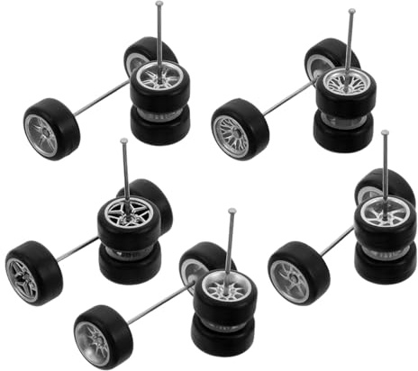 GLSTOY 1/64 Scale Alloy Rc Car Model Wheels Set with Silver Rubber Tires 5 Pair Including Star, Tree Fork B, 10-claw, 7-claw, 6-claw Designs for DIY Vehicle Rim Hub Axles Replacement