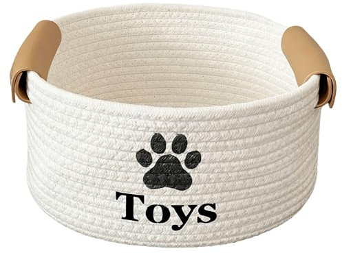 twirush Dog Toy Basket 11.02 x 9.06 x 5.12, Small Dog Toy Storage Bin with Handles, Cotton Rope Pet Organizer, Storage Basket for Dog Toys, Leashes, Pet Clothes & Food